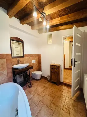 a bathroom with a sink and a toilet and a mirror at Apartmán Míšeňská in Prague