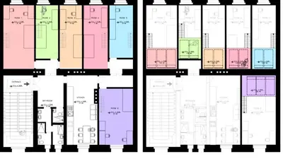 four different floor plans of a building at Central cozy rooms Soukenická S31 in Prague