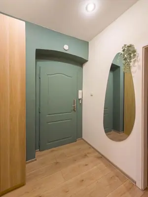 a hallway with a green door and a mirror at Heart of Zizkov in Prague