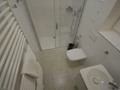 a bathroom with a shower and a toilet and a sink at Apartment Wohnung Attic Josefov mit eigener Terrasse by Interhome in Prague