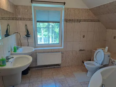 a bathroom with a toilet and two sinks and a window at Holiday Home Komfortvilla in Prag- Hallenbad- Whirlpool- Sauna by Interhome in Vranov