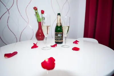 a table with glasses and a bottle of champagne and roses at Honeymoon Ruterra studio in Prague