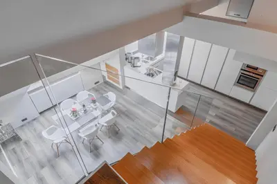 an overhead view of a dining room and kitchen in a house at Luxury Apartment in Centre in Prague