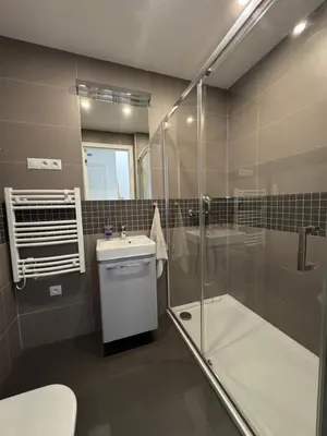 a bathroom with a shower and a toilet and a sink at Villa with Terrace & private garden 30 min to Prague Center
