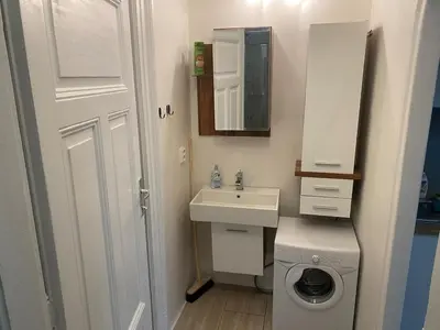 a small bathroom with a sink and a washing machine at Ground Floor Den in Prague