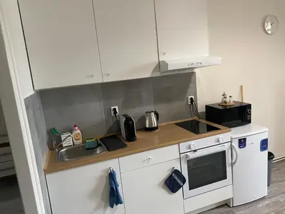 a small kitchen with a sink and a microwave at Ground Floor Den in Prague