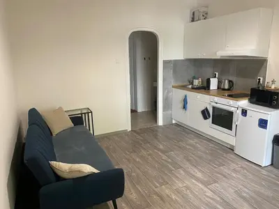 a living room with a couch and a kitchen at Ground Floor Den in Prague