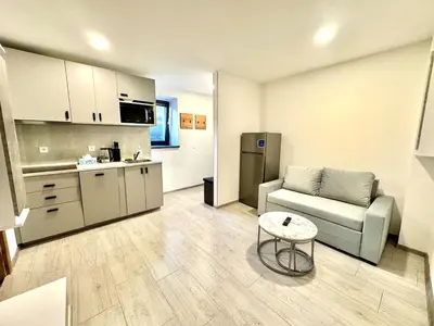 a kitchen and living room with a couch and a table at Comfortable apartmant in Prague in Prague