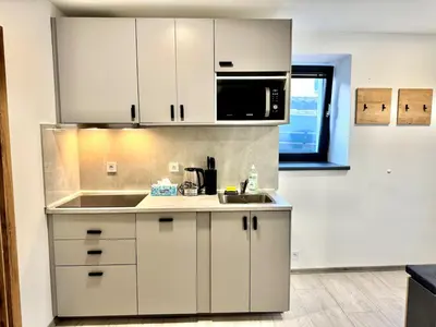 a kitchen with white cabinets and a sink and a microwave at Comfortable apartmant in Prague in Prague