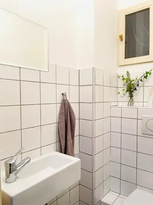 a white bathroom with a sink and a mirror at Prague apartment 3 minutes from historical town in Prague