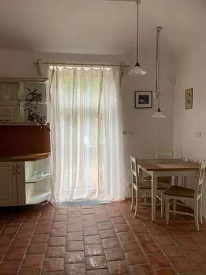 a kitchen with a table and a white curtain at Art nouveau villa with garden close to center in Prague