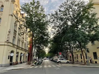 a city street with trees and cars parked on the street at Charming 1BDR nest with balcony in Prague