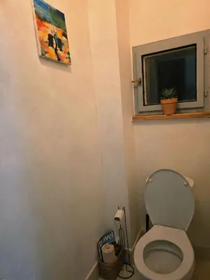 a small bathroom with a toilet and a window at Anhouse in Prague