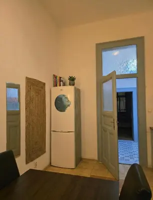 a kitchen with a white refrigerator and a door at Anhouse in Prague