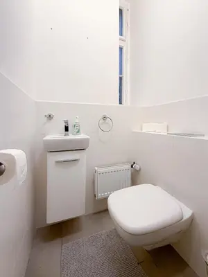 a white bathroom with a toilet and a sink at Goldy River 3 BDR & 1 BTH Residence XXL 120m2 in Prague