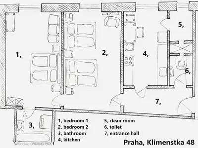 a floor plan of a building with the dimensions and drawings at RETRO Boho style St Clement with a green oasis in Prague
