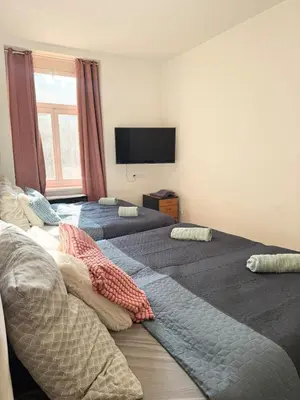 a bedroom with two beds and a flat screen tv at RETRO Boho style St Clement with a green oasis in Prague