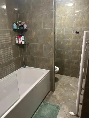 a bathroom with a bath tub and a toilet at Prague For You 22 in Prague