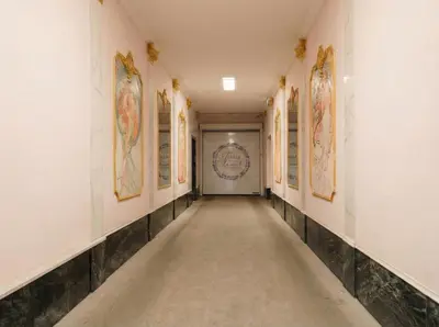 a hallway with paintings on the walls of a building at Emora Terrace Apartment in Prague