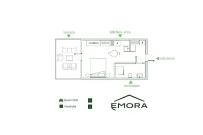 a floor plan of a bedroom apartment at Emora Terrace Apartment in Prague