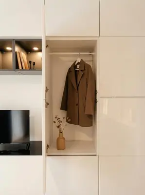 a coat hanging in a closet with a television at Emora Terrace Apartment in Prague