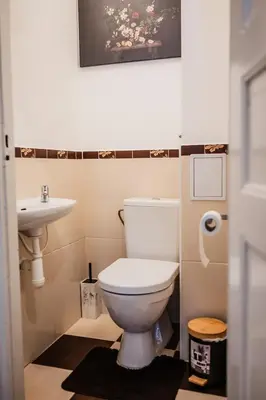 a bathroom with a toilet and a sink at Twin Residence Retro-Cinematic Apartment in City Centre in Prague