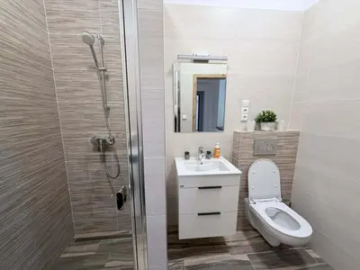 a bathroom with a toilet and a sink and a shower at Parkány Litoměřice in Litoměřice