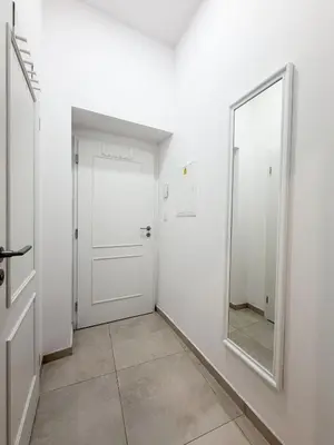 a hallway with a white door and wooden floors at REAL Living by REFA - New Town 216 in Prague