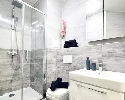 a bathroom with a shower and a toilet and a sink at Peaceful Apartment near City in Prague