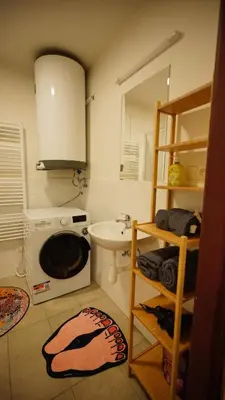 a bathroom with a sink and a washing machine at Spacious 2 Bedroom Apartment in Prague 2 in Prague