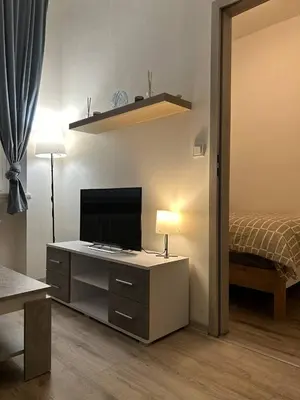 a living room with a television and a bed at Urban Chic Apartment Prague 1 in Prague