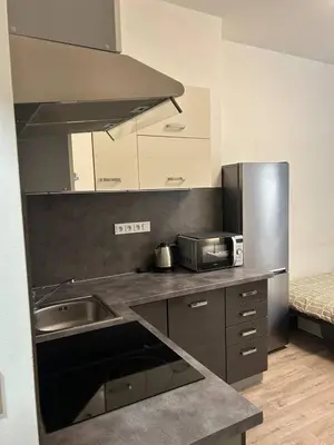 a kitchen with a sink and a counter top at Urban Chic Apartment Prague 1 in Prague