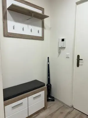 a room with a mirror and a bench in front of a door at Urban Chic Apartment Prague 1 in Prague
