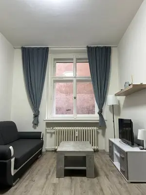 a living room with a couch and a window at Urban Chic Apartment Prague 1 in Prague