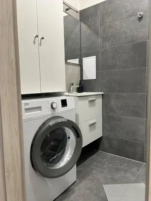 a washing machine in a bathroom next to a shower at Urban Chic Apartment Prague 1 in Prague