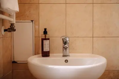a bathroom sink with a bottle of soap on it at Spacious 3BR Apartment with Billiards & Cinema in Prague