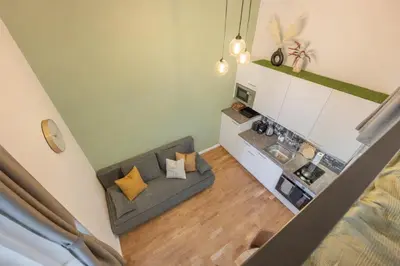 an overhead view of a living room with a couch at HOMELY I BIG Central APTI ELEVATOR I Self Check-In in Prague