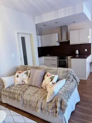 a couch in a living room with a kitchen at My Sweet Home - Makedonská - Prague in Prague