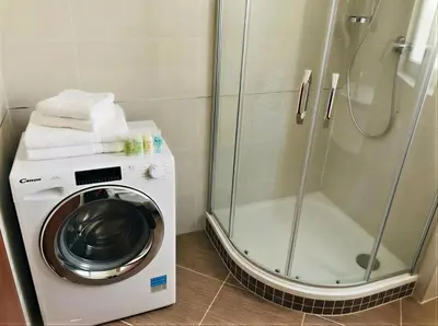 a washing machine and a shower in a bathroom at Fortuna Garden III in Prague