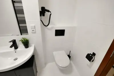a white bathroom with a toilet and a sink at Modern apartment near Wenceslas square in Prague