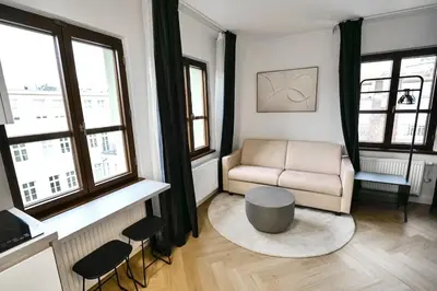 a living room with a couch and some windows at Modern apartment near Wenceslas square in Prague