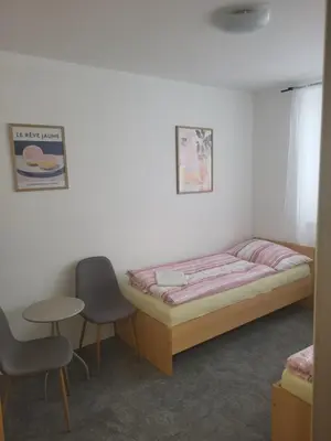 a bedroom with a bed and a table and a chair at Komárov Apartment 3 in Komárov
