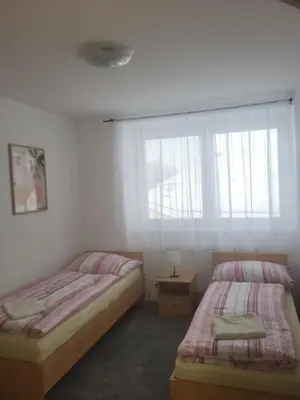 a bedroom with two beds and a window at Komárov Apartment 3 in Komárov