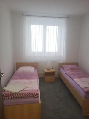 two twin beds in a room with a window at Komárov Apartment 3 in Komárov