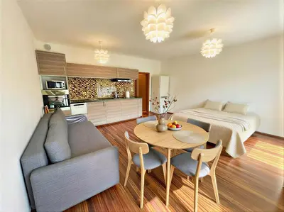 a living room with a couch and a table and a bed at Fortuna Garden IV in Prague