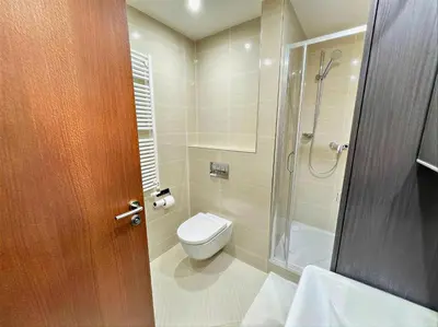 a bathroom with a toilet and a shower at Fortuna Garden IV in Prague