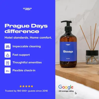 a picture of a bottle of soap next to a table at Prague Days - Apartments with Parking in New Town in Prague
