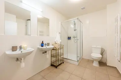 a bathroom with a toilet and a sink and a shower at Prague Days - Apartments with Parking in New Town in Prague