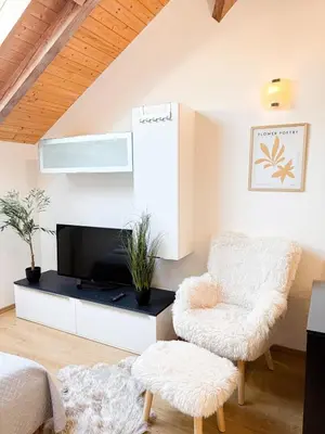 a living room with a chair and a television at Maisonette General Stefanik in Prague