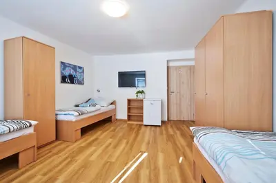 a bedroom with two beds and a tv in it at Apartmány Ubytování Alfa in Prague